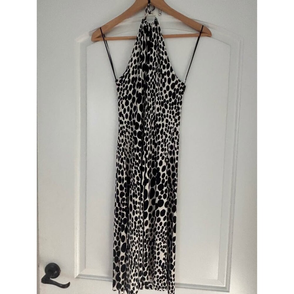 Trina Turk Size 6 Black White Dalmatian Polka Dot O-Ring Halter Maxi Dress
